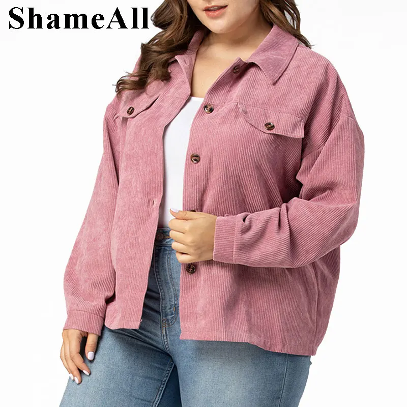

Plus Size Pink Corduroy Basic Casual Jackets 3XL 4XL Spring Women Large Size Bomber Coats Short Outwear Jackets Lady Tops