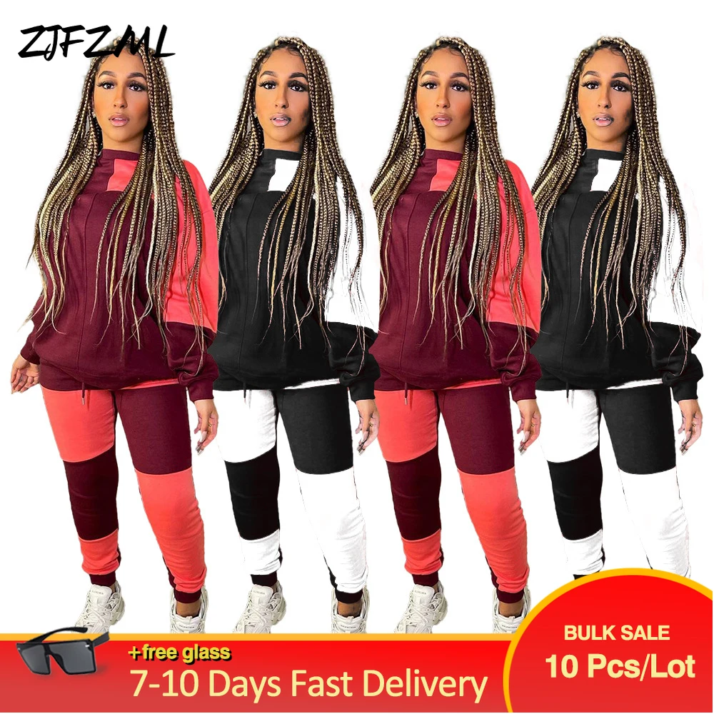 

Повседневные женские толстовки с капюшоном, спортивный костюм контрастных цветов, толстовка с длинным рукавом и спортивные брюки для трени...