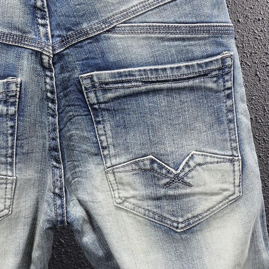 European Vintage Fashion Men Jeans Retro Light Gray Blue Elastic Designer Slim Jeans Men Korean Style Plain Casual Denim Pants