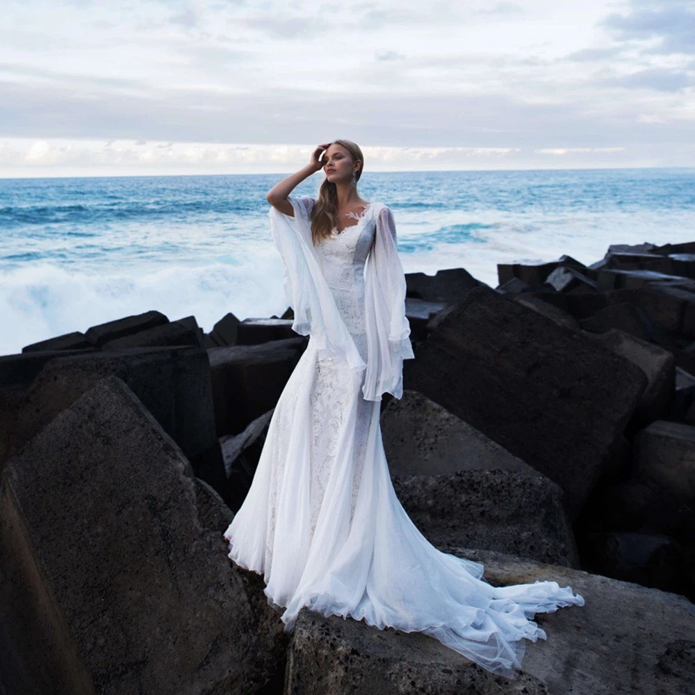 

Простое кружевное свадебное платье UETEEY с юбкой-годе, длинным рукавом летучая мышь, открытой спиной и шлейфом, 2022, платья невесты с глубоким V-...