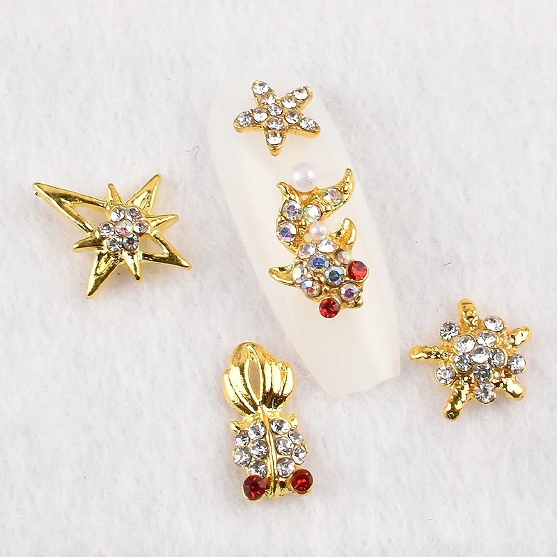 

Mixed Shape Alloy Nail Art Decoration Gold Metal Small Fish Star Inlaid Rhinestone 3D Fingernail DIY Accessories 10/30pcs
