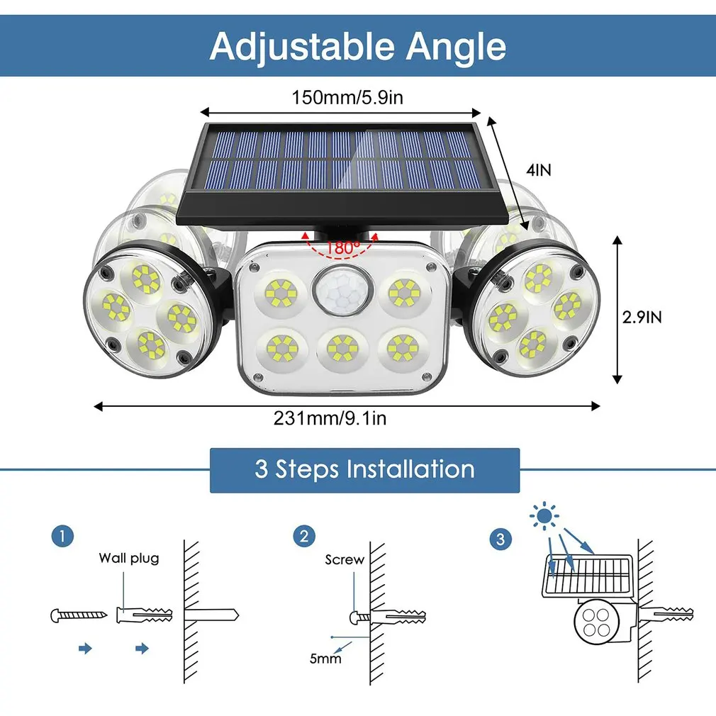 

Solar Lights For Outdoor Use With Motion Sensor 70/78 LED Solar Lamp Outdoor Floodlight 3 Modes 2400mAh Wall Light Garden