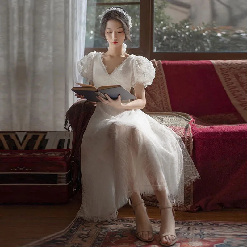 

Женское вечернее платье с коротким рукавом, белое фатиновое ТРАПЕЦИЕВИДНОЕ ПЛАТЬЕ С V-образным вырезом, размеры до 3XL