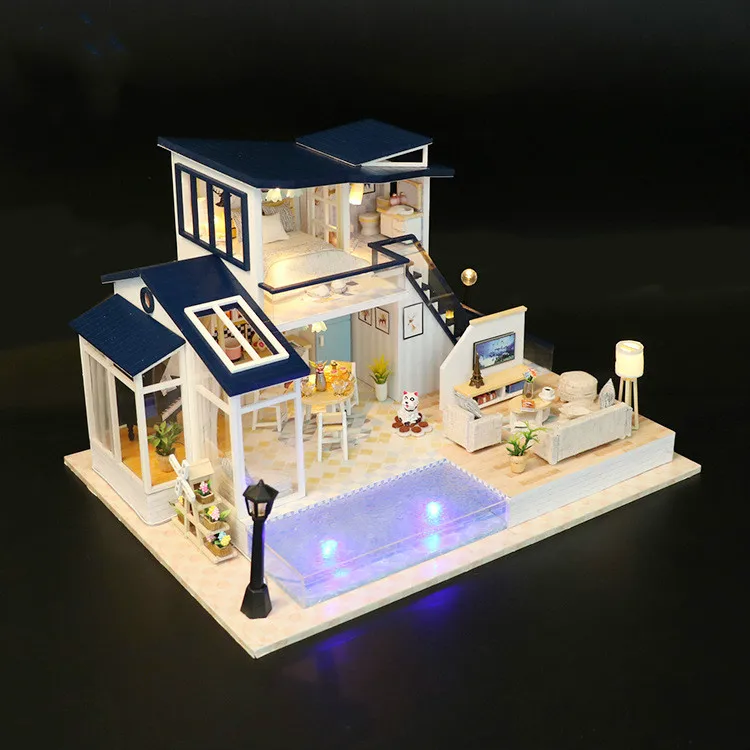 

LED Swimming Pool Villa doll house furniture diy dollhouse wood diy doll house miniature dollhouse furniture children Toys gift
