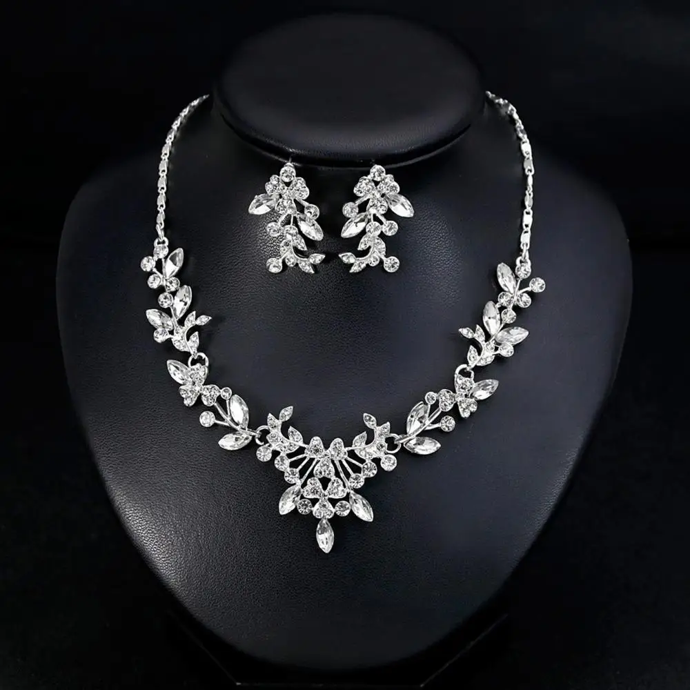 

Women Wedding Party Rhinestone Shiny Floral Necklace Earrings Jewelry Set Gift