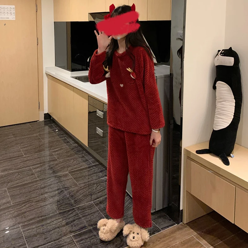 

Pajama Sets Women Loose Winter Cartoon Cute Korean Ulzzang Simple Warm Soft Round Neck Tops Sweet Fleece Student Loungewear Ins