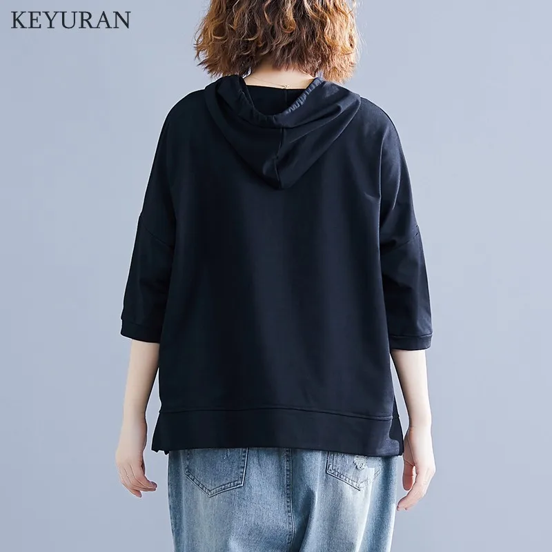 

Plus Size Women T Shirts Spring Summer Fashion Half Sleeve V-neck Cartoon Print Hooded Sweatshirt Student Sweet Loose Casual Top