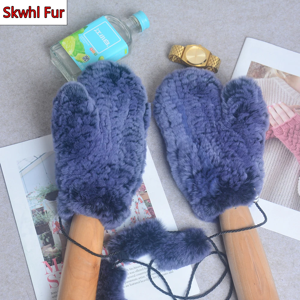 

2021 Hot Sale Winter Real Fur Gloves Women Handmade Knit Real Rex Rabbit Fur Gloves Outdoor Warm Natural Rex Rabbit Fur Mittens