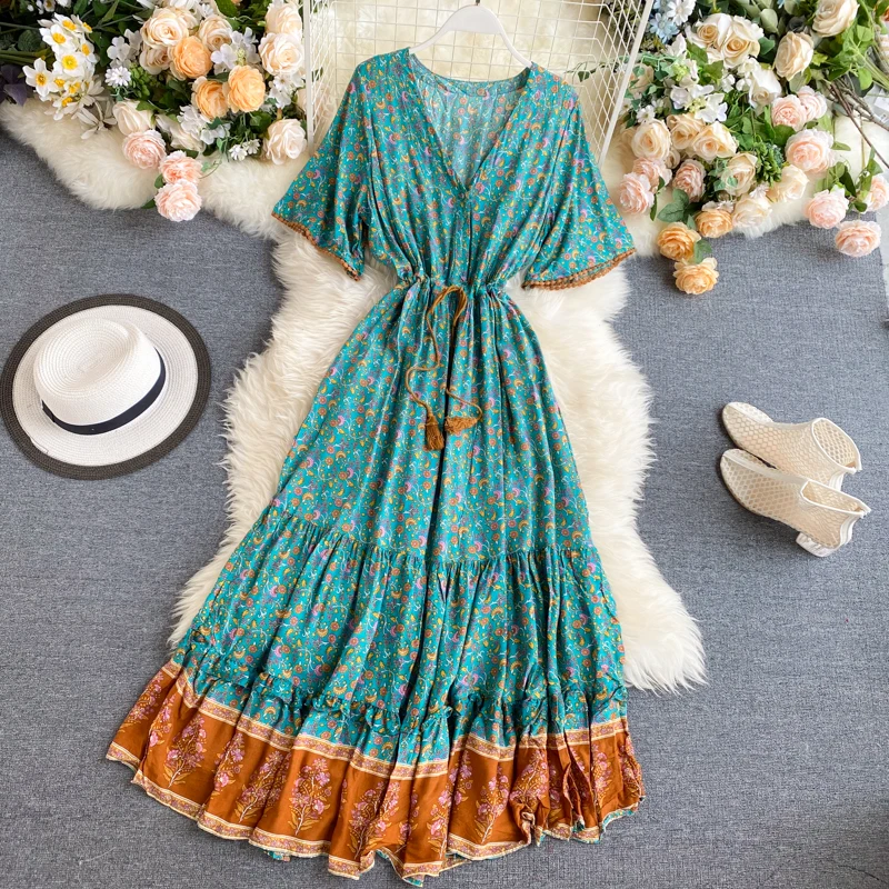 Summer Women Floral Print Long Dress Bohemian Sexy V-neck Short Sleeve Vestidos Verano Casual Boho Ruffle Beach Dresses New