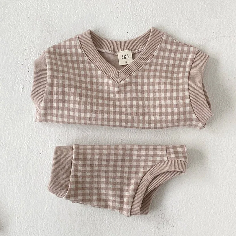 Conjunto de ropa para beb&eacute;, chaleco bonito a cuadros + Pantalones de Pp, 2 uds., traje infantil, conjunto sin mangas, trajes de Ni&ntilde;os Peque&ntilde;os 2021-5