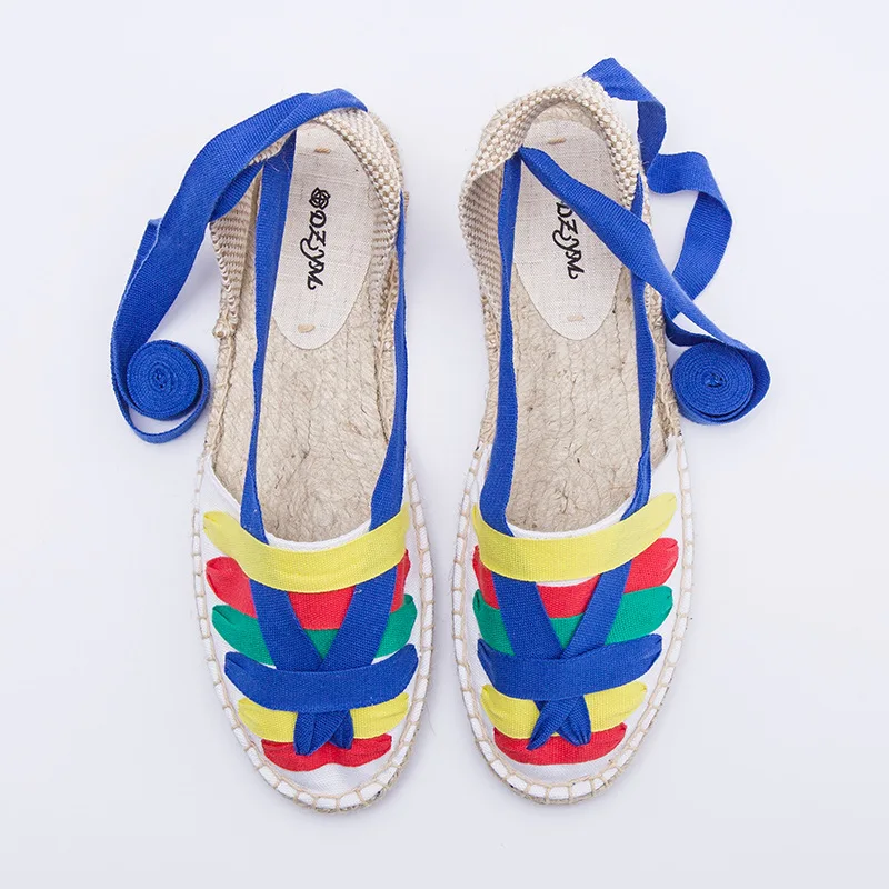 

Creative cross lace up casual sandals rainbow round head woven belt shoes ankle strap flat heel women's shoes