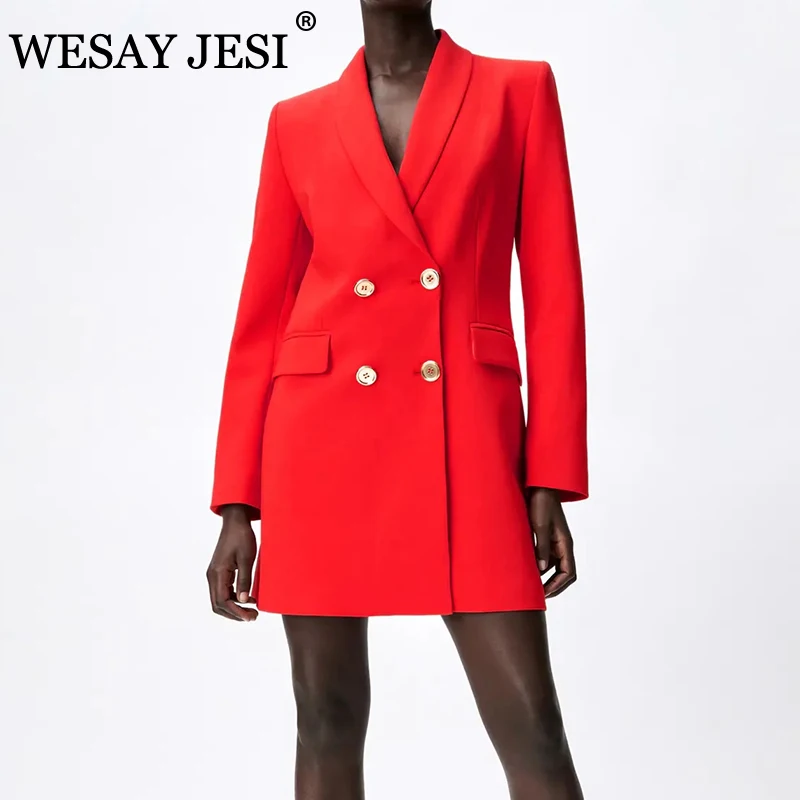 

WESAY JESI Za Women's 2021 TRAF Long Double-breasted Blazer Fashion Commuter Office Retro Chic Long Sleeve Pocket Women's Jacket