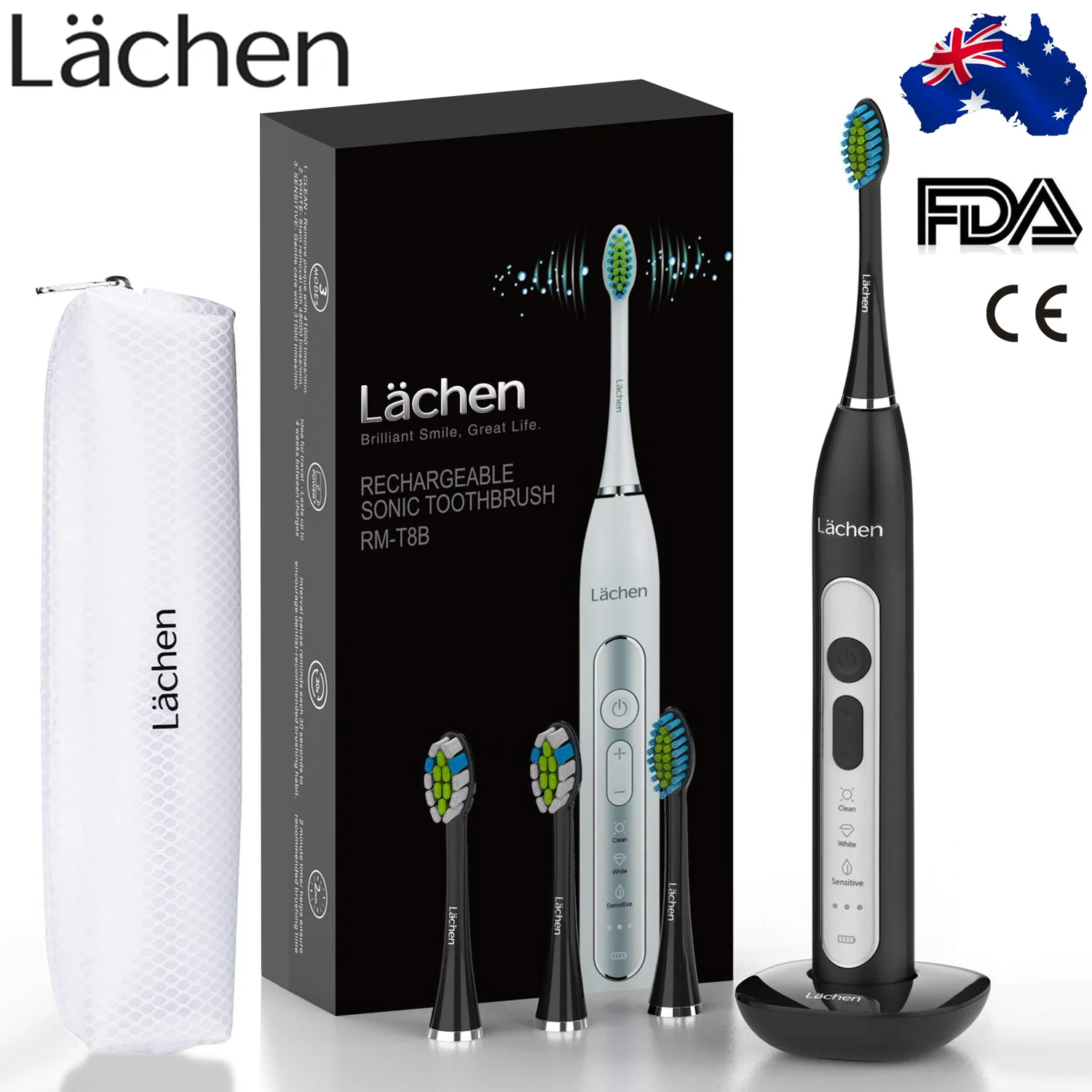

Lachen T8 Sonic Electric Toothbrush Rechargeable USB Charger Ultrasonic Teeth Brush for Adults 4 Replacement Heads fast shipping
