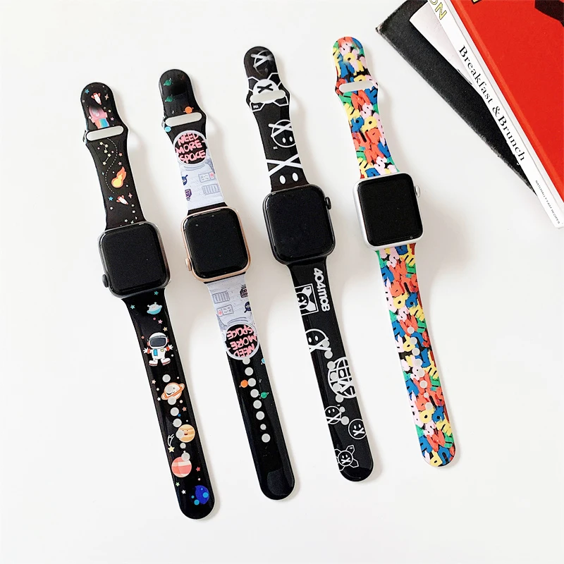 Ремешок силиконовый для Apple watch band 41 мм 45 декоративный браслет с принтом iWatch Series 5 4