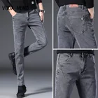 Джинсы мужские облегающие, Стрейчевые брюки из денима, эластичные прямые, с бархатной подкладкой, дизайнерские