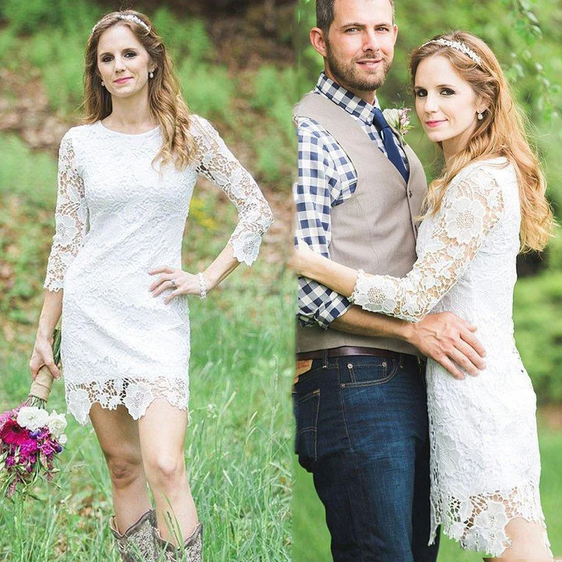 

Elegant Full Lace Short Wedding Dress 2021 With Long Sleeves Knee Length Country Garden Sexy Wedding Gowns Vestido De Noiva Boho