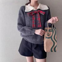 women autumn winter sweaters new solid color kawaii preppy style sweater shirt casual bow neck sweater women pullovers
