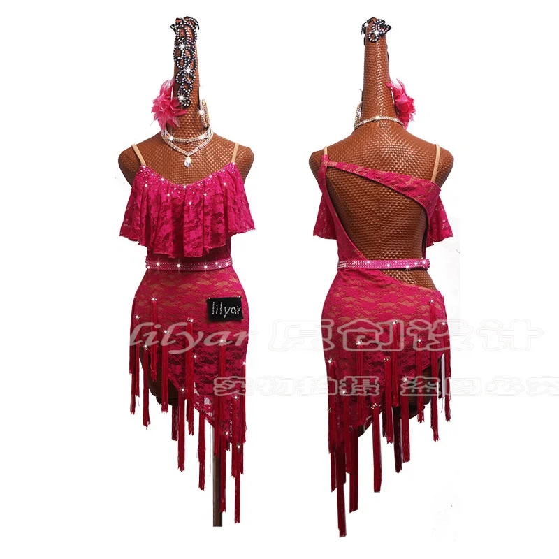 Сексуальные кружевные платья для латинских танцев женщин юбка с бахромой сальсы