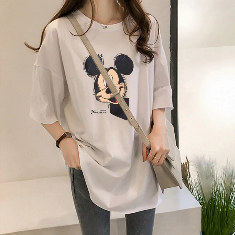 

Disney Mickey Mouse short-sleeved t-shirt plus size women's loose Korean mid-length student shirt