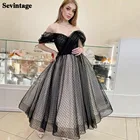 Черные тюлевые короткие платья Sevintage в горошек для выпускного вечера вечерние платья с открытыми плечами платье для встречи выпускного вечера корсет до щиколотки вечерние платья