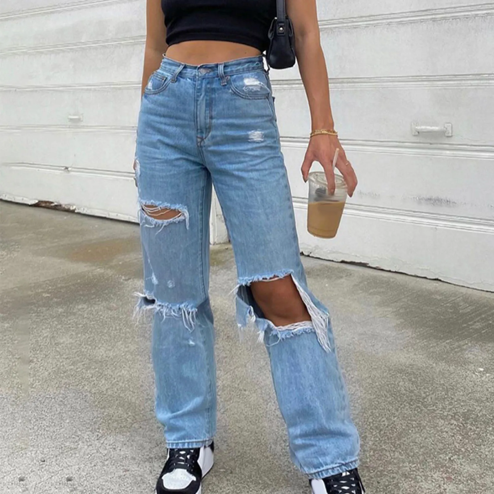 

Casual Women's Jeans Button Zipper High Waist Pocket Elastic Light Blue Hole Jean Summer Lady Trousers Loose Straight Denim Pant