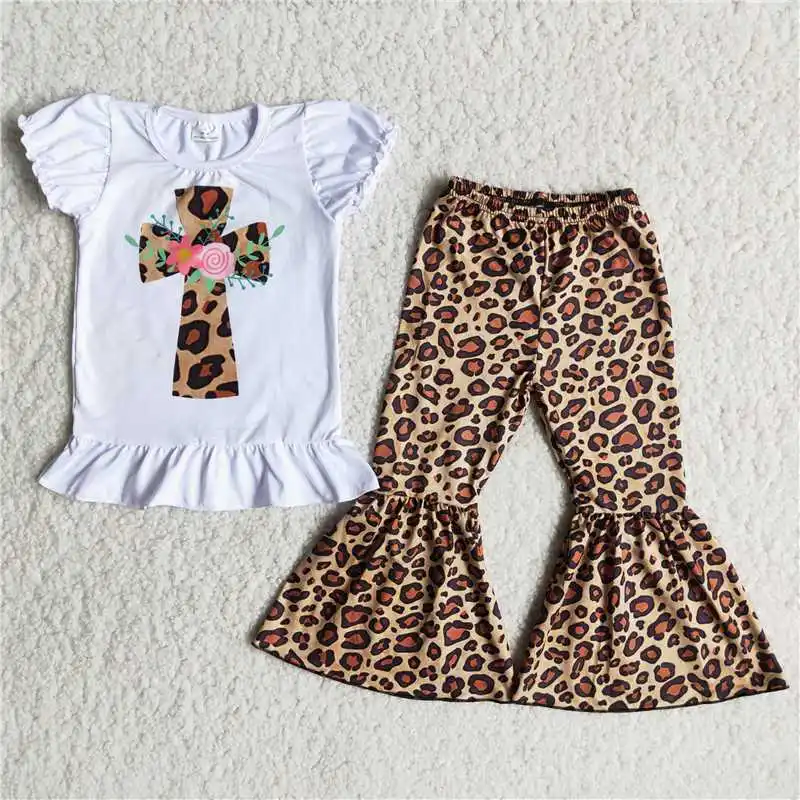 

Wholesale Easter Cross Fashion Kids Spring Children Ruflle Outfit Flower Baby Girls Clothing Leopard Bells Pants Toddler Clothes