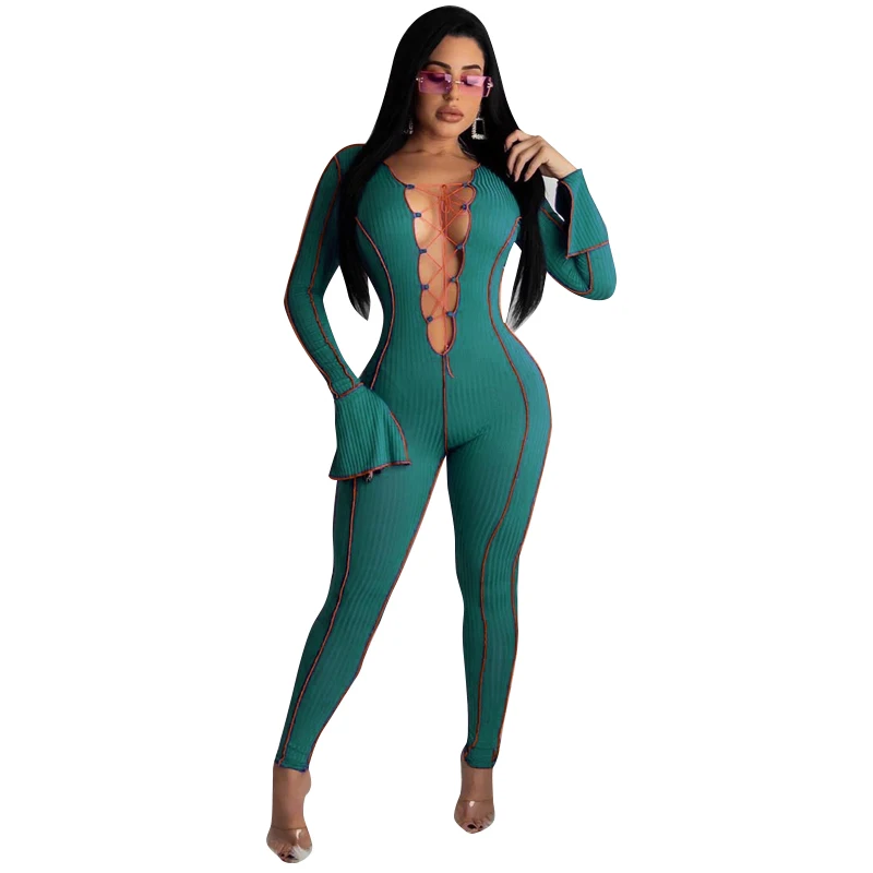 

Zoctuo Long Sleeve Jumpsuits For Women Cut Out Bandage Sexy Jumpsuit Ribbed Skinny Autumn Winter Fashion Sexy Party Club Romper