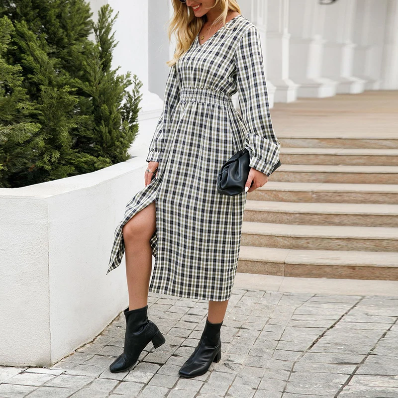 

Office Casual Plaid Midi Dress Women Autumn 2021 V Neck Long Sleeve High Waist A Line Print Dresses Split Party Female Vestidos
