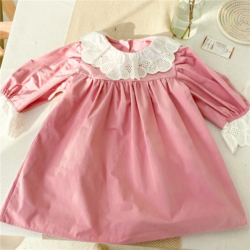 

kids clothes summer Sweet girls dress lace collar loose long sleeve dress cotton comfortable dress