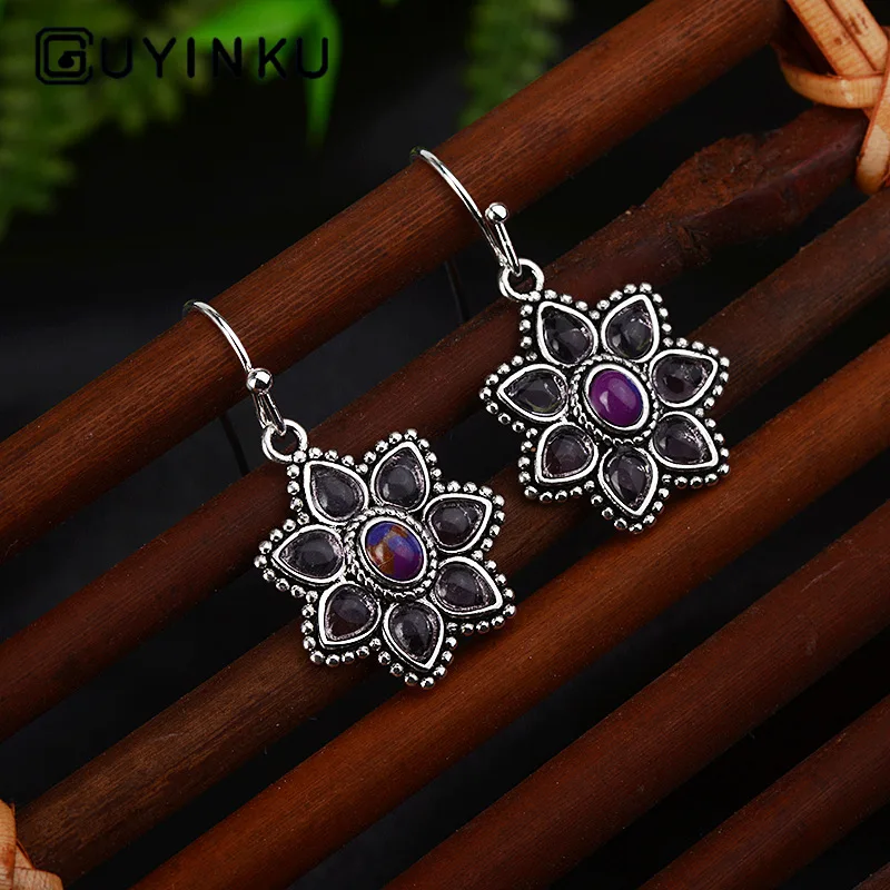 Ретро Marcasite Charoite Лепестковые серьги женские персиковые цветы фиолетовые