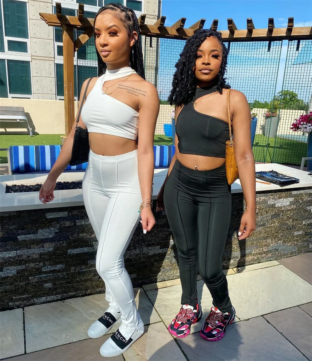 Женский летний облегающий костюм из двух предметов короткий топ и брюки |