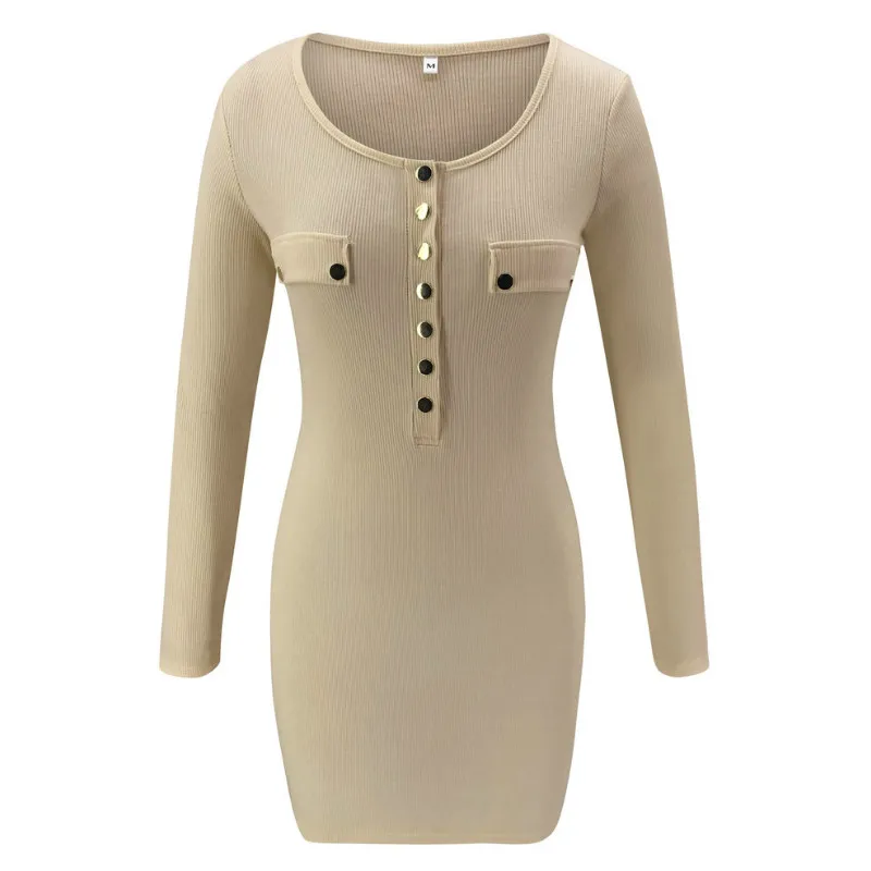 

Women Autumn Bodycon Long Sleeve Buttoned Dress Round Neck Streetwear Casual Club Females Fashion Top 2019 New