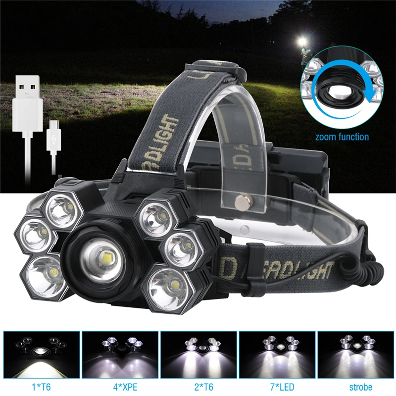 Powerful LED Headlamp Fishing Headlight 7 LED T6 Head Lamp Waterproof Head Torch Powered By 18650 Battery Best for Camping