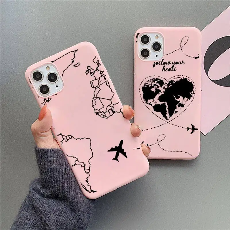 

World map travl airplane pattern Phone Case Candy Color for iPhone 11 12 mini pro XS MAX 8 7 6 6S Plus X 5S SE 2020 XR Cover