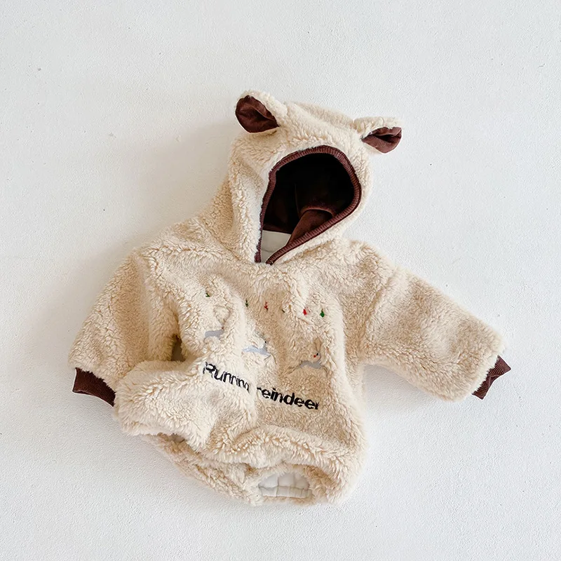 

Ins winter BABY BODYSUIT boys and girls Plush fawn embroidered long sleeve Khaki climbing suit double thicken
