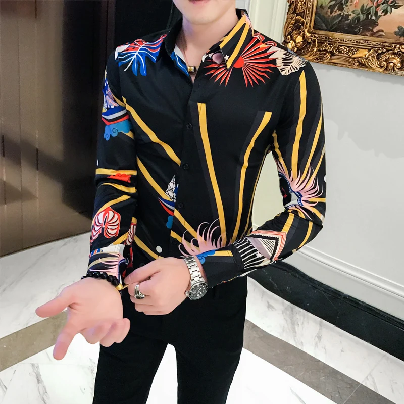 Мужская приталенная рубашка с принтом повседневная брендовая длинным рукавом