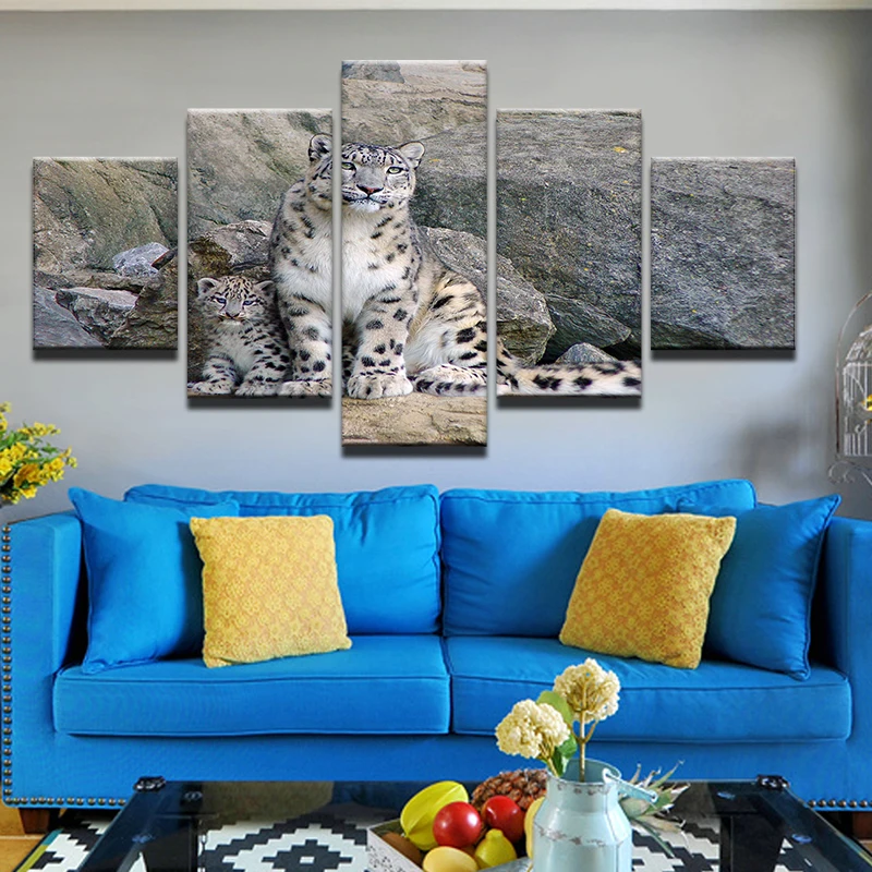 5 шт. настенная живопись в форме снежного барса сидят на песке и Back To камни Печать