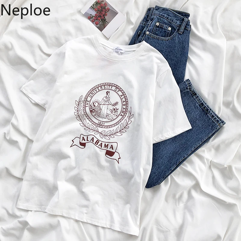 Женские футболки с буквенным принтом Neploe летние повседневные хлопковые круглым