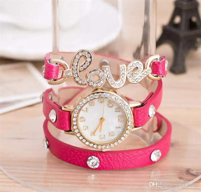 

Genuine Cow Leather Punk Fashion Vintage Women Watch Crystal LOVE Pendant Ladies Dress Watches Love Wrap PU Bracelets Watches