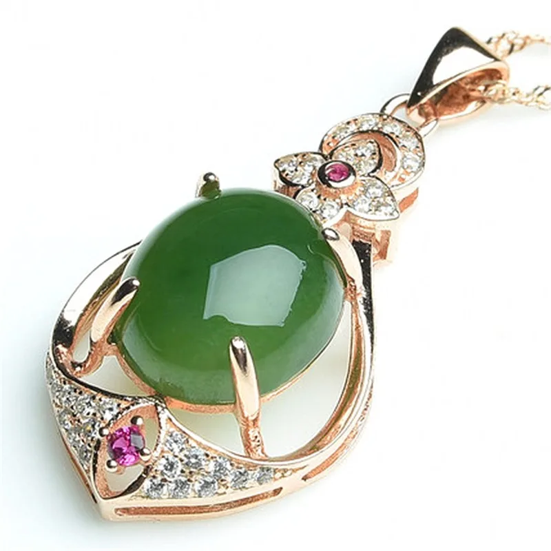 Овальный Кулон из натурального зеленого нефрита с халцедоном ожерелье серебра 925