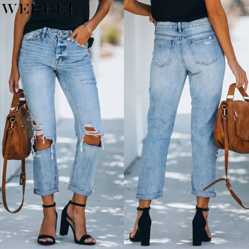 

WEPBEL Jeans Women's Casual Solid Color Hole Washed Denim Pants Spring Summer High Waist Button Slim Denim Straight Pants