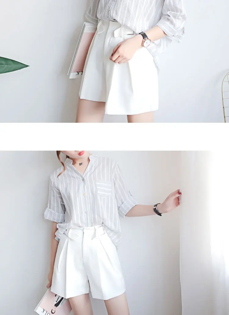 

Stripe Shirt Women Loose Korean Version Seven - Minute Sleeve Cotton Linen Top Style Women Top