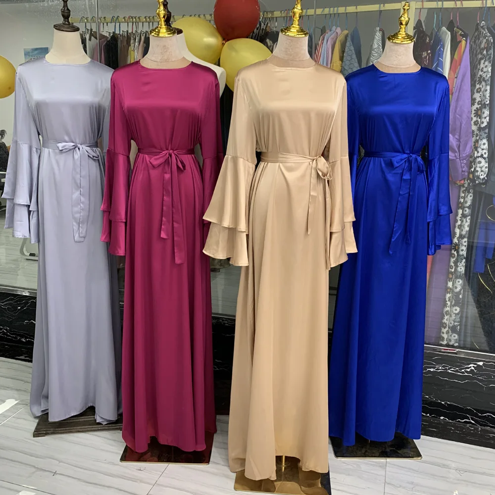 

Ramadan Eid 2021 Women Summer Abaya Dress Maxi Loose Satin Long Layered Flare Sleeve A line Muslim Dubai Arab Plain Gown Party