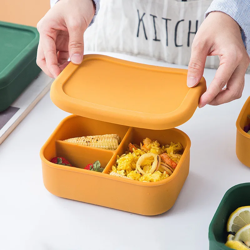 

3 Partitions Portable Silicone Lunch Box 920ml Lunch Bento Box Microwave Food Storage Container