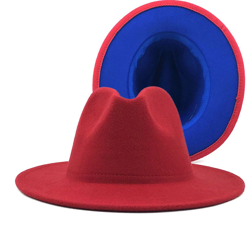 

red blue Patchwork Wool Felt Jazz Fedora Hat Women Unisex Wide Brim Panama Party Trilby Cowboy Cap Men Gentleman Wedding Hat XL