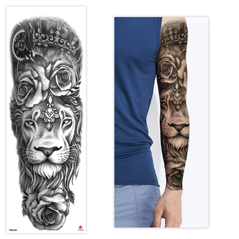 

Large Arm Sleeve Tattoo Lion Crown Rose Jewelry Waterproof Temporary Tatoo Sticker Liberty Wing Cross Men Full Skull Totem Tatto