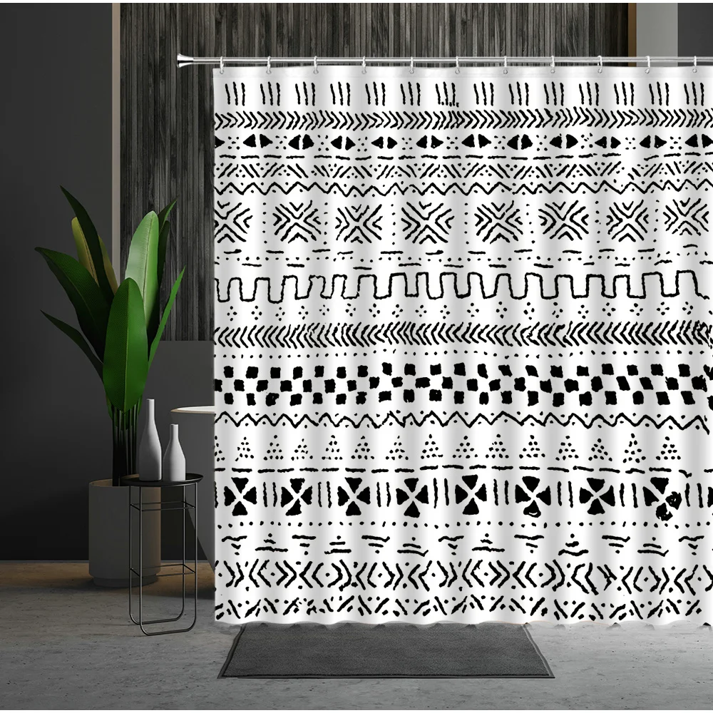 

Minimalism Black And White Geometry Stripe Waterproof Shower Curtains Polyester Fabric Hanging Curtain Multiple Size