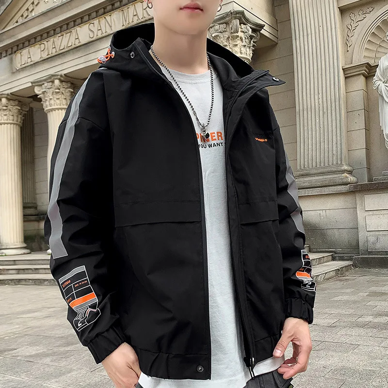 Мужская Осенняя Рабочая куртка со стоячим воротником и капюшоном Уличная Черная