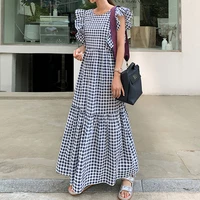 dress dot pattern round neck maxi length short sleeve ladies fashion pullover ol commuting a line over the knee retro ruffle