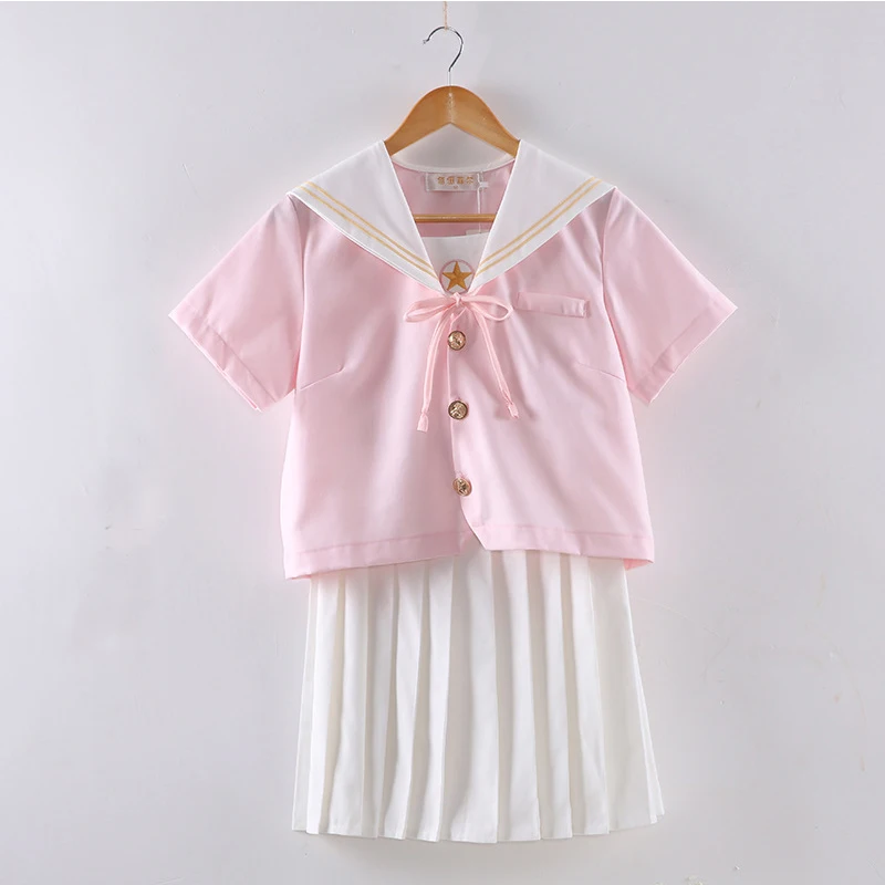 Японская школьная форма для девочек Летние розовые Топы + белая юбка JK Sailor Одежда